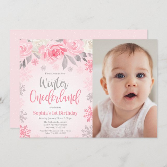 Pink Gray Floral Winter ONEderland Birthday Photo Invitation (Front/Back)