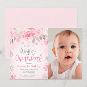 Pink Gray Floral Winter ONEderland Birthday Photo Invitation