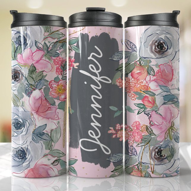 Pink Gray Flowers Add Name Custom Gift Thermal Tumbler (Floral Personalized Tumbler)