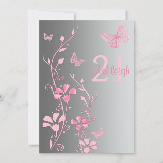 Pink, Gray Flowers & Butterflies 21st Invitation (Front)