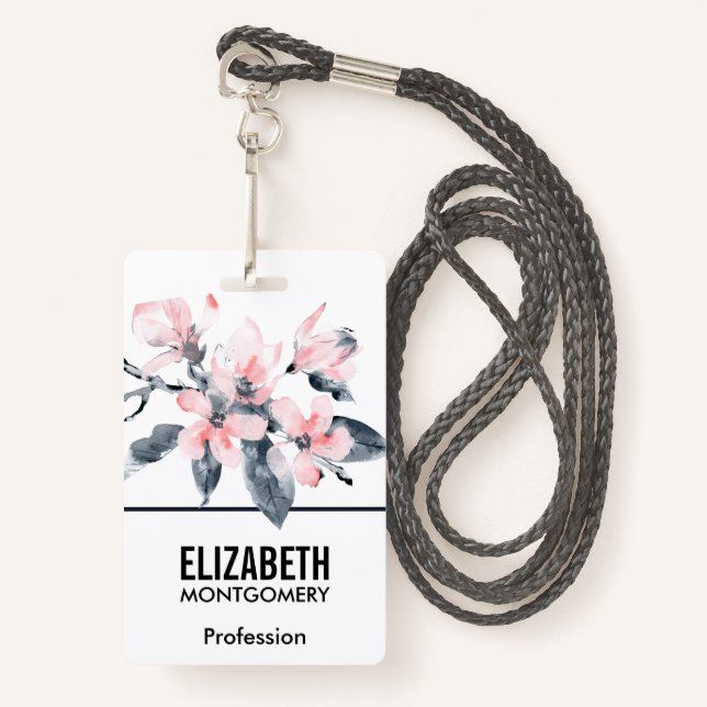Pink & Gray Flowers Classy Watercolor Badge (Front with Lanyard)