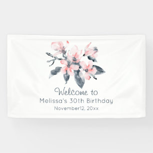 Pink & Gray Flowers Classy Watercolor Birthday Banner