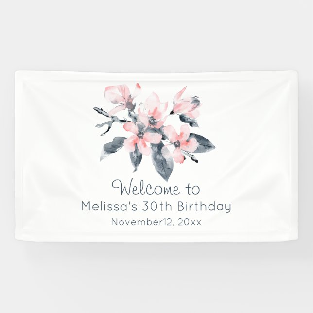 Pink & Gray Flowers Classy Watercolor Birthday Banner (Horizontal)