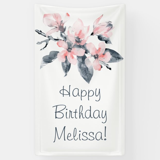 Pink & Gray Flowers Classy Watercolor Birthday Banner (Vertical)