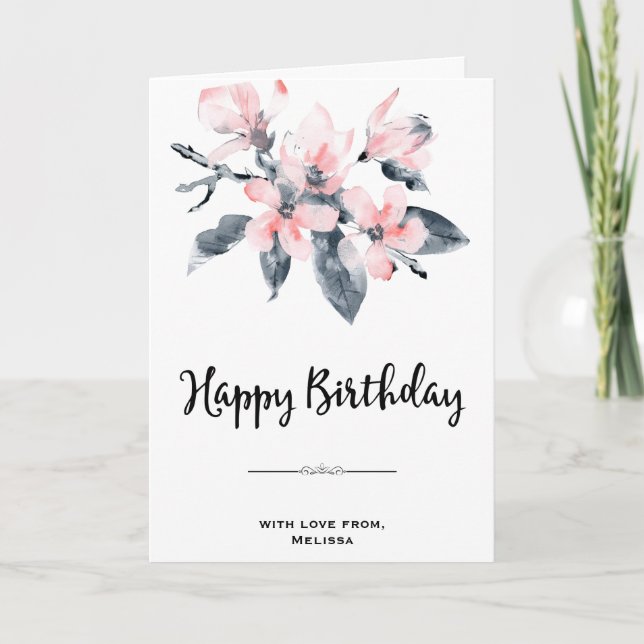 Pink & Gray Flowers Classy Watercolor Birthday Card (Front)