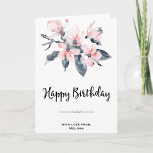 Pink & Gray Flowers Classy Watercolor Birthday Card