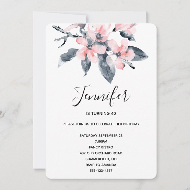 Pink & Gray Flowers Classy Watercolor Birthday Invitation (Front)