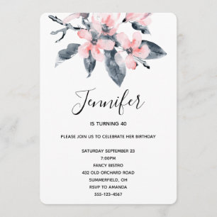 Pink & Gray Flowers Classy Watercolor Birthday Invitation