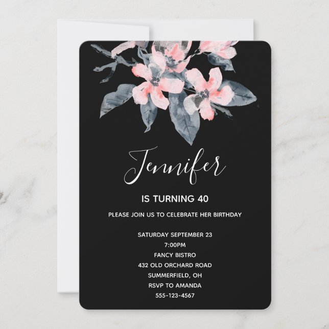 Pink & Gray Flowers Classy Watercolor Birthday Invitation (Front)