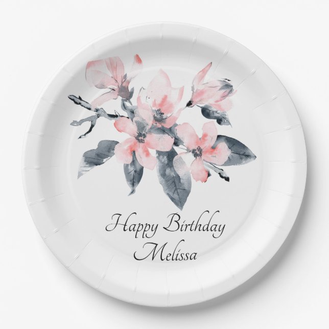 Pink & Gray Flowers Classy Watercolor Birthday Paper Plates (Front)