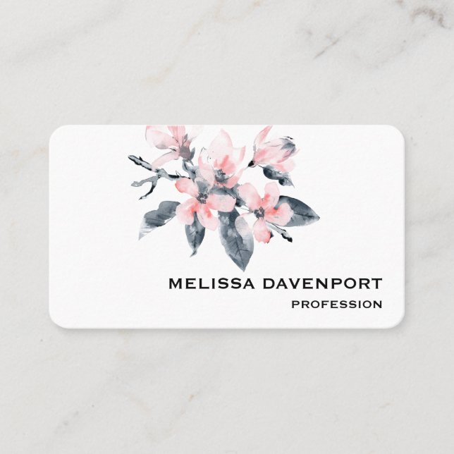 Pink & Gray Flowers Classy Watercolor Business Card (Front)