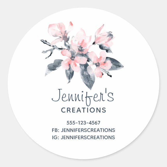 Pink & Gray Flowers Classy Watercolor Business Classic Round Sticker (Front)
