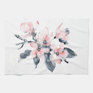 Pink & Gray Flowers Classy Watercolor Kitchen Towel