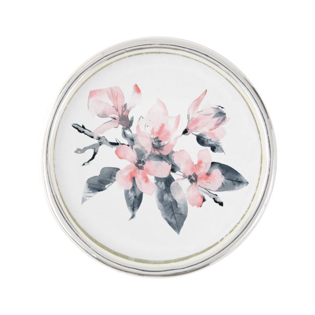 Pink & Gray Flowers Classy Watercolor Lapel Pin (Front)