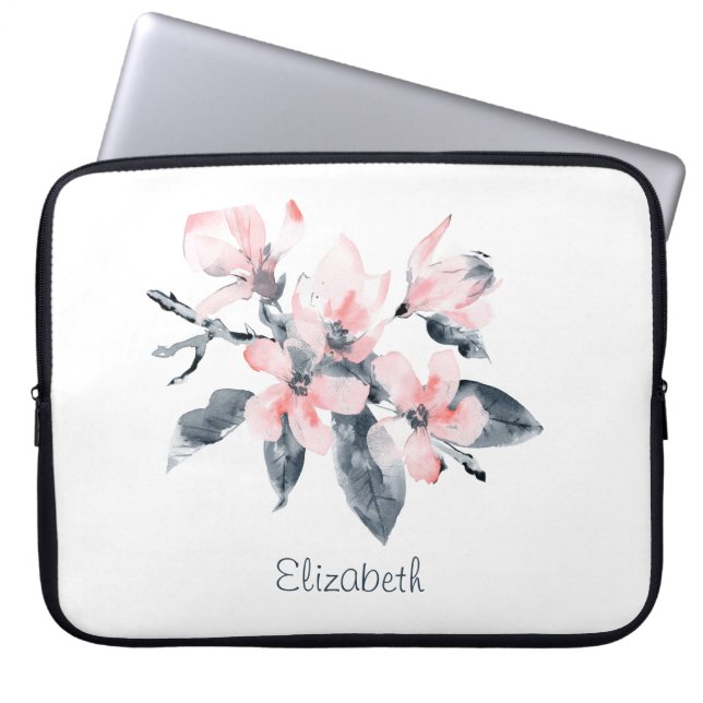 Pink & Gray Flowers Classy Watercolor Laptop Sleeve (Front)