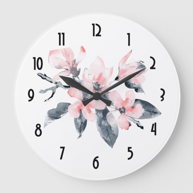 Pink & Gray Flowers Classy Watercolor Large Clock (Front)