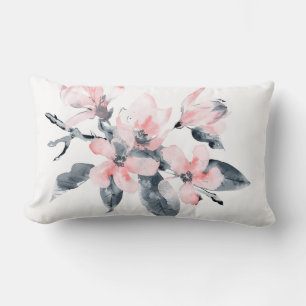 Pink & Gray Flowers Classy Watercolor Lumbar Pillow