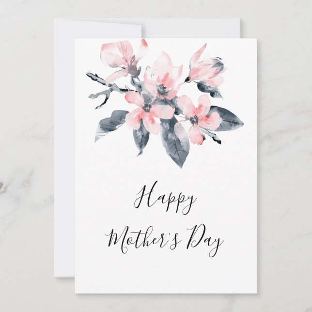 Pink & Gray Flowers Classy Watercolor Mother's Day Holiday Card (Front)