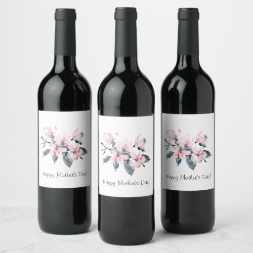 Pink  Gray Flowers Classy Watercolor Mothers Day Wine Label