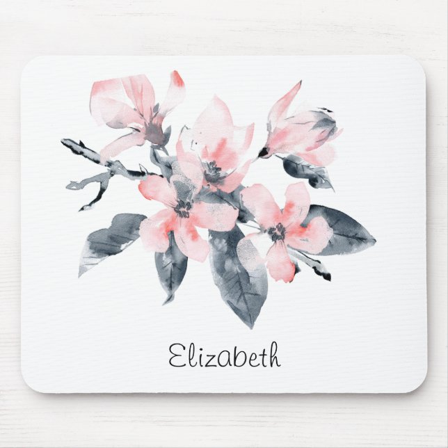 Pink & Gray Flowers Classy Watercolor Mouse Pad (Front)