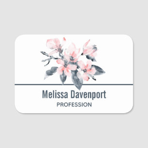 Pink & Gray Flowers Classy Watercolor Name Tag