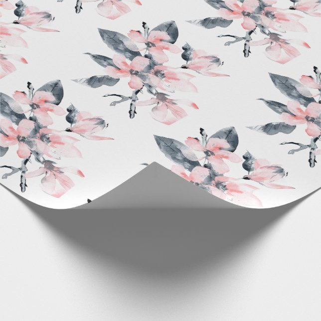 Pink & Gray Flowers Classy Watercolor Pattern Wrapping Paper (Corner)