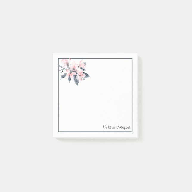 Pink & Gray Flowers Classy Watercolor Post-it Notes (Front)