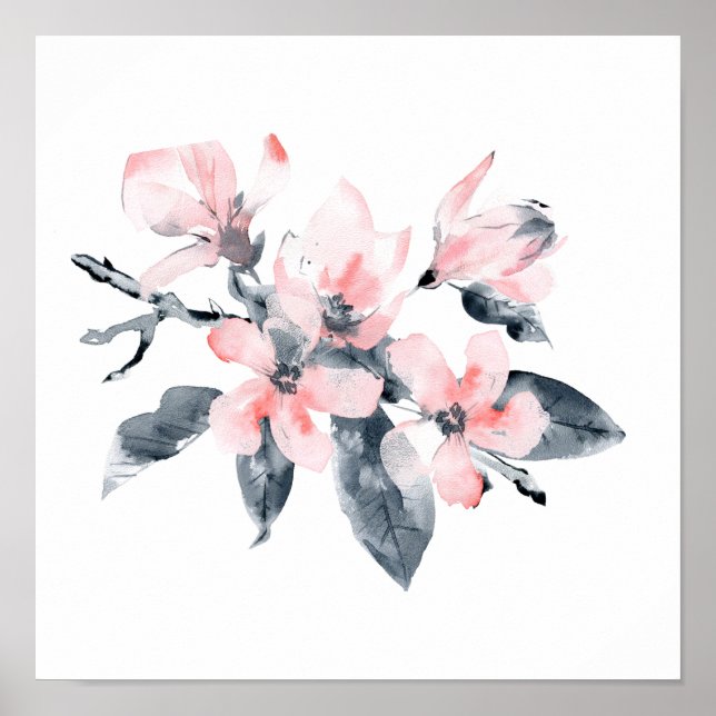 Pink & Gray Flowers Classy Watercolor Poster (Front)