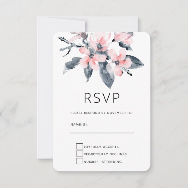 Pink & Gray Flowers Classy Watercolor RSVP Card (Front)