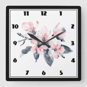 Pink & Gray Flowers Classy Watercolor Square Wall Clock
