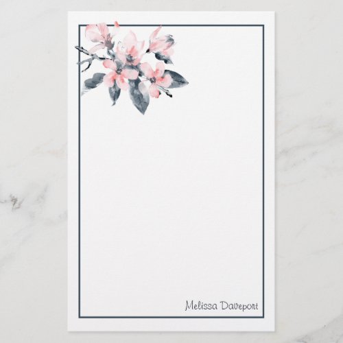 Pink  Gray Flowers Classy Watercolor Stationery