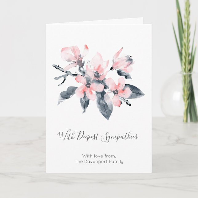 Pink & Gray Flowers Classy Watercolor Sympathy Card (Front)