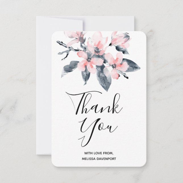 Pink & Gray Flowers Classy Watercolor Thank You (Front)