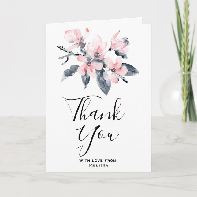 Pink & Gray Flowers Classy Watercolor Thank You Card (Front)