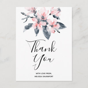 Pink & Gray Flowers Classy Watercolor Thank You Postcard