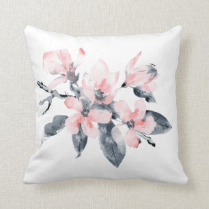 Pink & Gray Flowers Classy Watercolor Throw Pillow