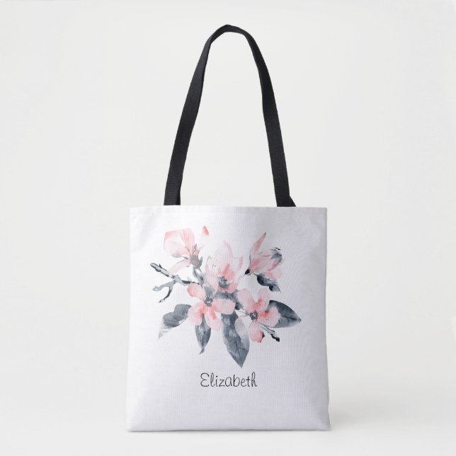 Pink & Gray Flowers Classy Watercolor Tote Bag (Front)