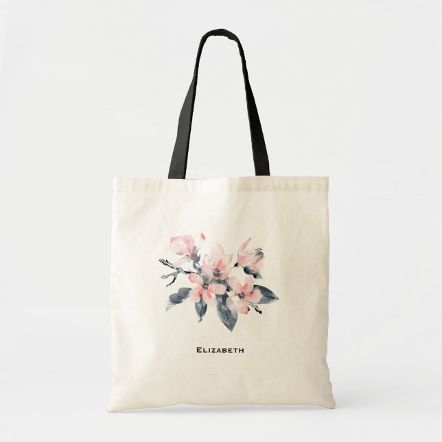 Pink & Gray Flowers Classy Watercolor Tote Bag (Front)