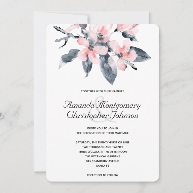 Pink & Gray Flowers Classy Watercolor Wedding Invitation (Front)
