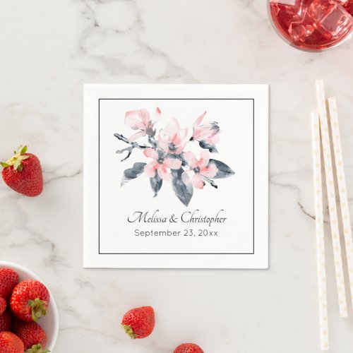 Pink  Gray Flowers Classy Watercolor Wedding Napkins