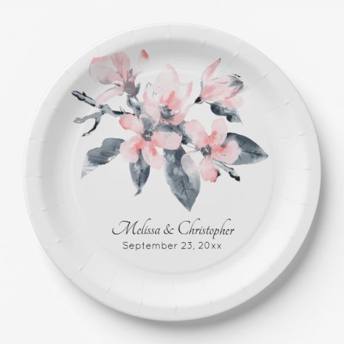Pink  Gray Flowers Classy Watercolor Wedding Paper Plates