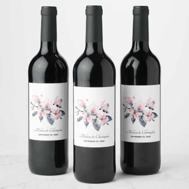 Pink & Gray Flowers Classy Watercolor Wedding Wine Label (Bottles)