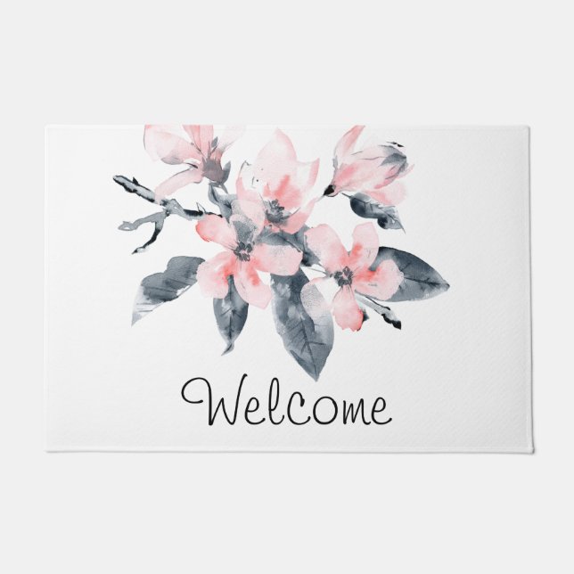 Pink & Gray Flowers Classy Watercolor Welcome Doormat (Front)