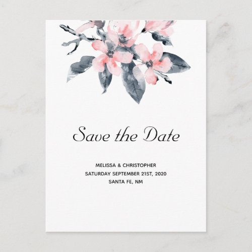 Pink  Gray Flowers Watercolor Save the Date Invitation Postcard