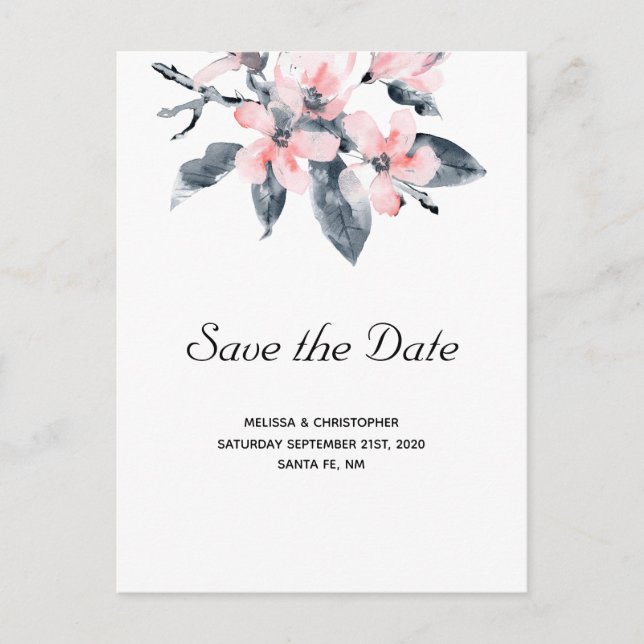 Pink & Gray Flowers Watercolor Save the Date Invitation Postcard (Front)