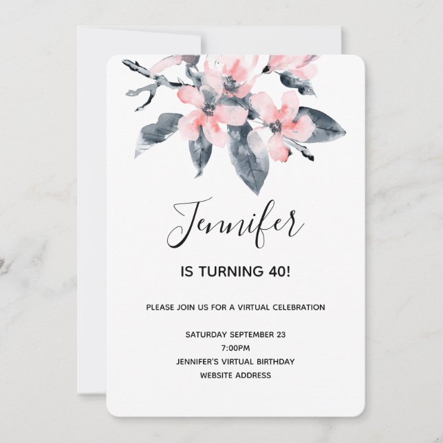 Pink & Gray Flowers Watercolor Virtual Birthday Invitation (Front)