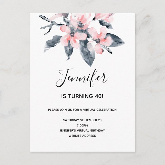 Pink & Gray Flowers Watercolor Virtual Birthday Invitation Postcard (Front)