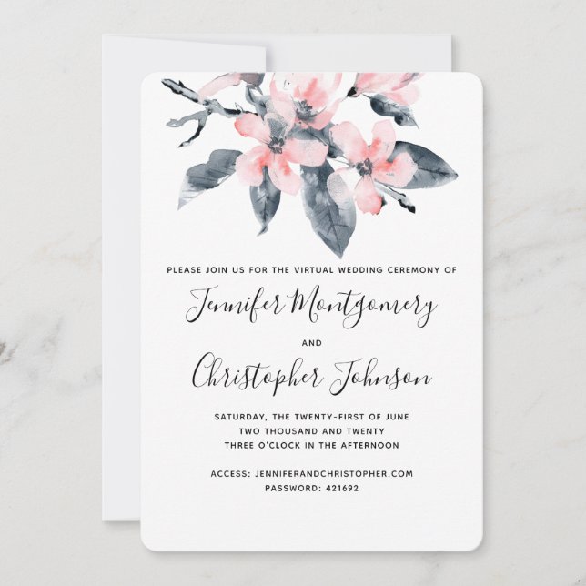 Pink & Gray Flowers Watercolor Virtual Wedding Invitation (Front)