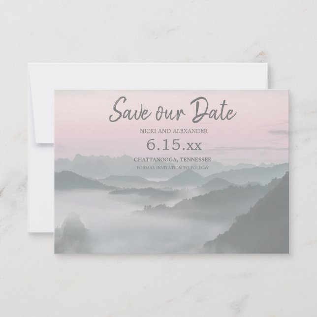 Pink Gray Foggy Mountains Save Our Date Wedding Save The Date (Front)
