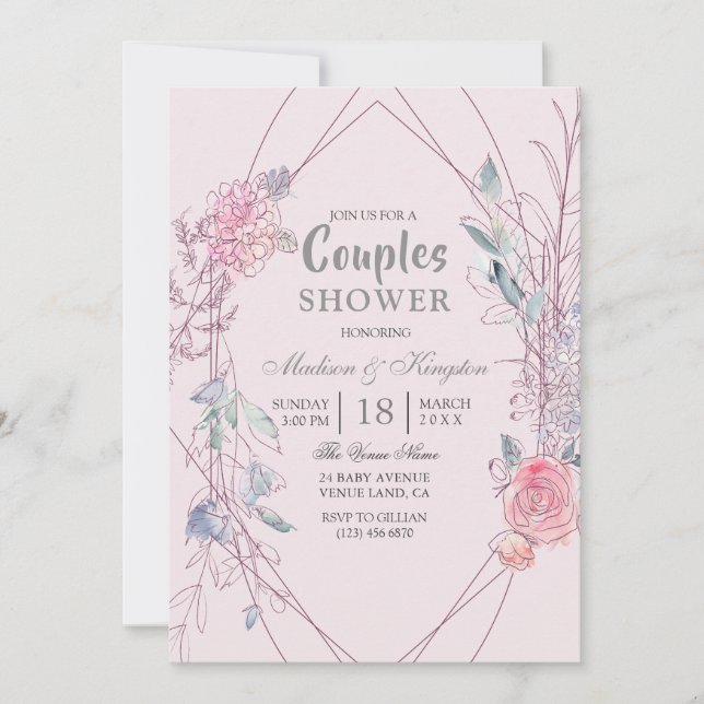 Pink & Gray Geometric Floral Wreath Couples Shower Invitation (Front)